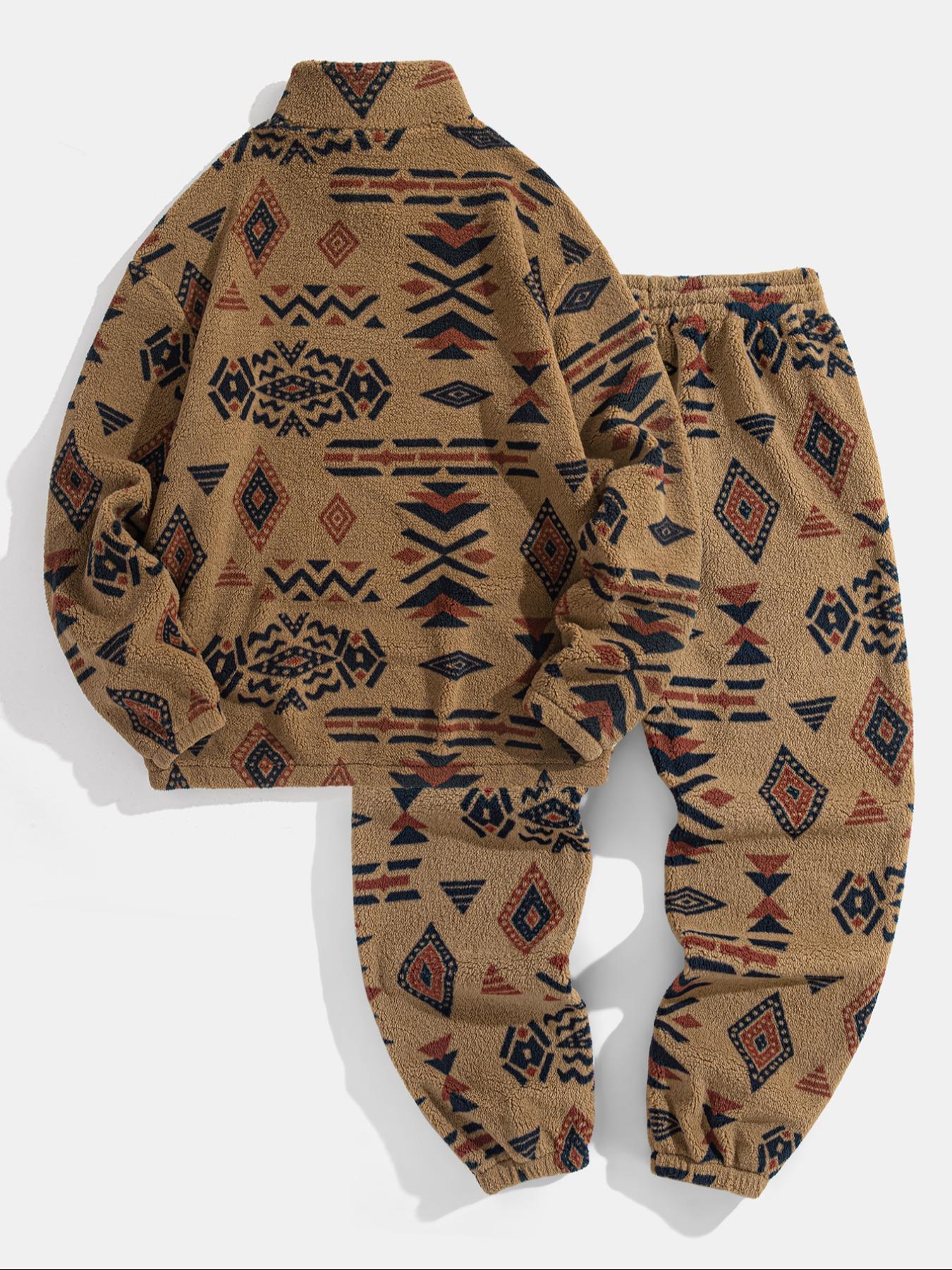 Men's Ethnic Pattern Zip Up Hooded Sweatshirt & Pants Two-piece Set, Casual Long Sleeve Collar Top & Pocket Trousers for Fall & Winter, Men's Two-piece Outfits for Daily Wear, Clothes