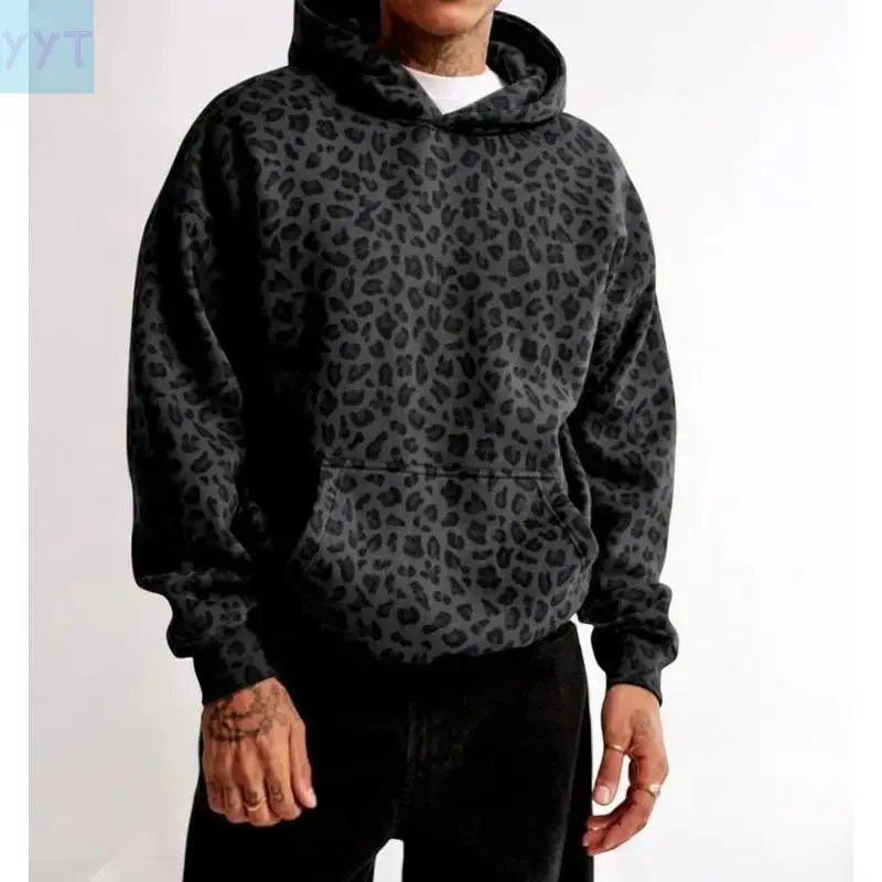 YYT1 Leopard Print Hoodie | Oversized & Cozy Cotton Blend Sweatshirt with Kangaroo Pocket for Men's Wear, Breathable