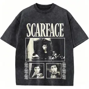 Scarface Top Bold Serif Font Three Grid Tony Montana B&W Movie Still Rose Border Vintage Washed Black T-Shirt Classic Gangster Film Graphic Streetwear For Men Women