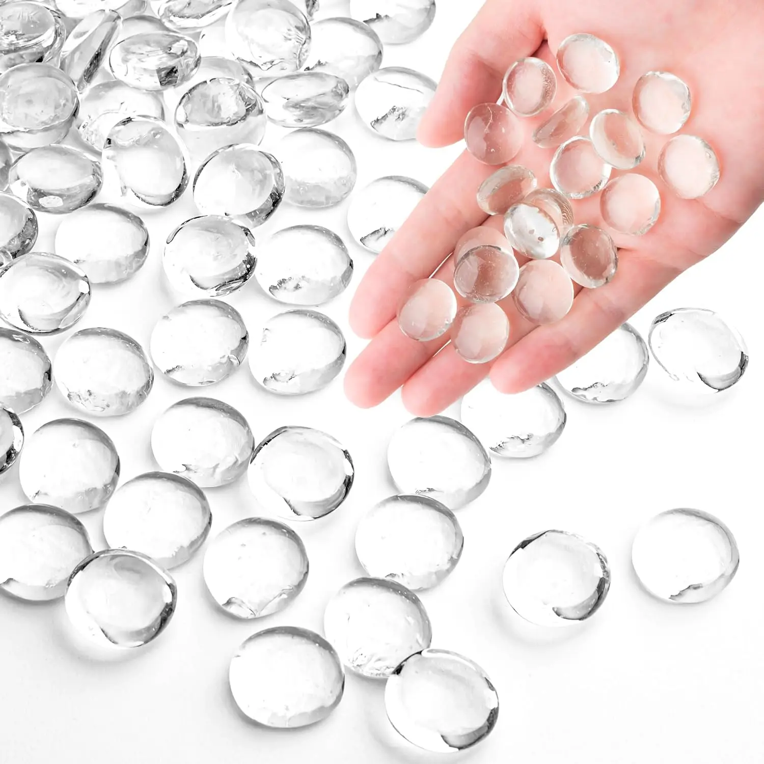 1 LB Clear Glass Marbles, Transparent and Smooth Flat Glass Beads for Vases, Mosaic   for Aquarium Decor, Floral Arrangements, Mancala Stones, Vase Filler and Crafts (Approx. 80-100 PCS)