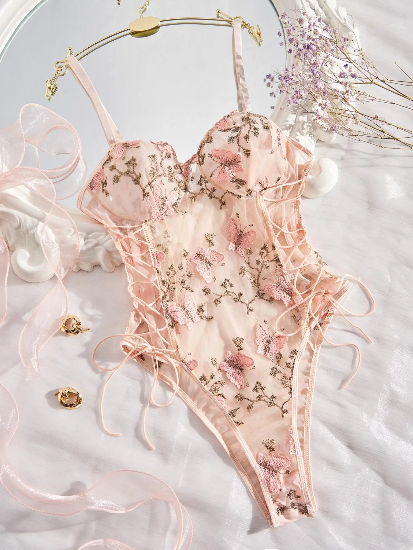 Women's Floral & Butterfly Embroidery Lace Up Sheer Sexy Bodysuit, Adjustable Strap Backless Sleeveless Bodysuit for Summer, Fashion Women's Clothes for Daily Wear