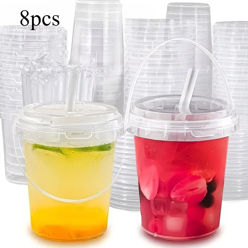 8pcs 1000ml disposable plastic beverage container with handle, lid and straw; transparent fruit tea/bubble tea cup; suitable for takeaway; To Go Cups With Lids And Straws; food-grade PP portable juice container.