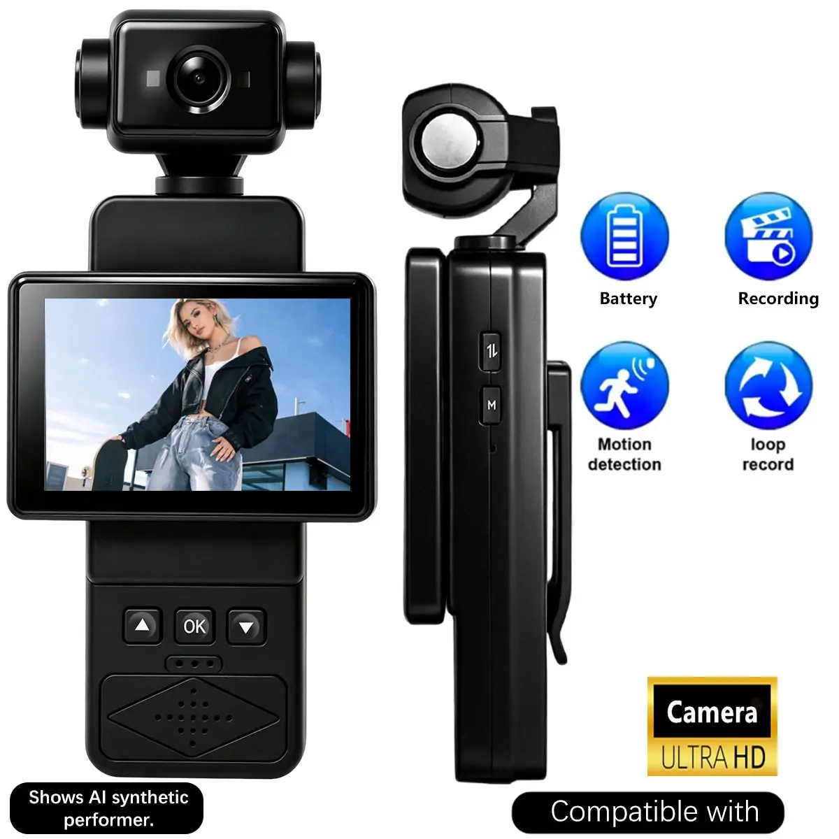 Action Camera HD Portable WiFi Vlogging Camera Recorder, Wearable Body Camera with 2.65'' Screen, 270° Rotation Lens , HD Audio Video Recording for Travel, Hiking, Cycling, Sports and Daily Life