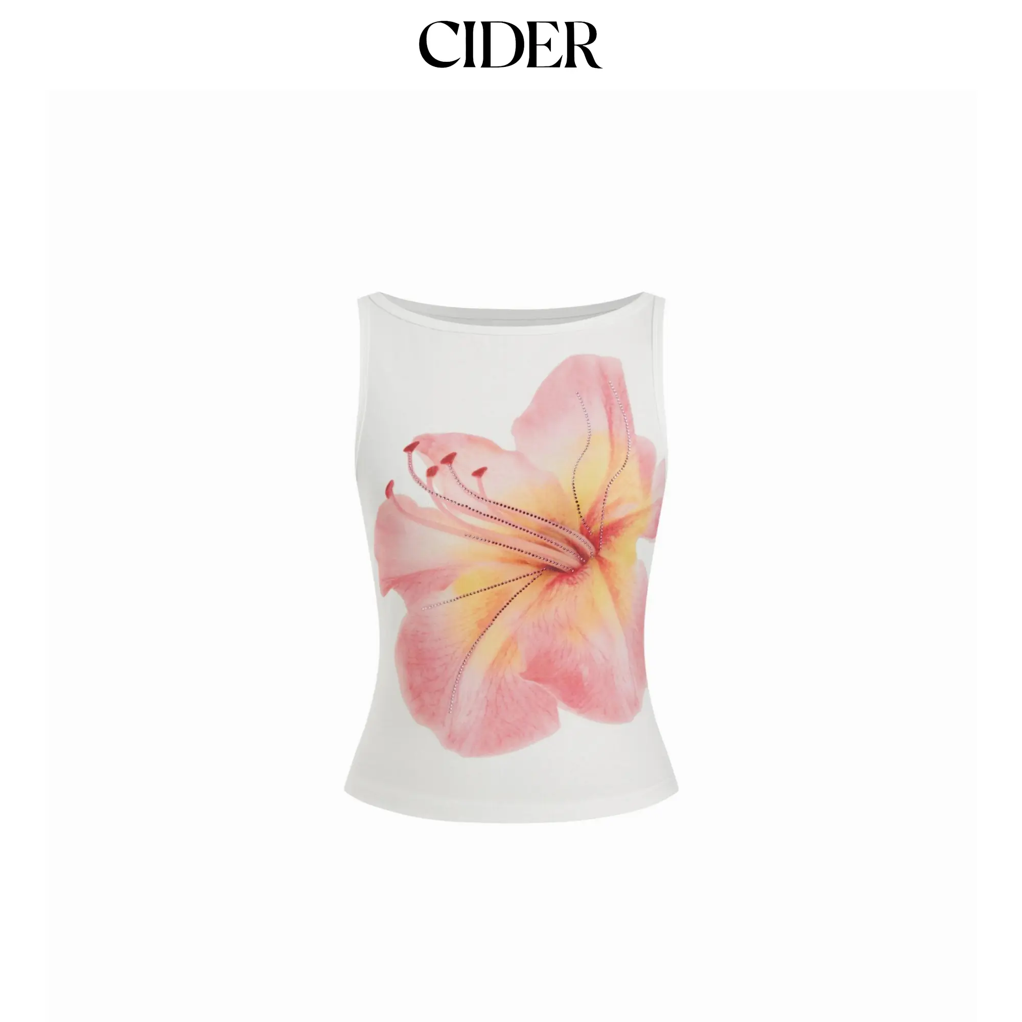 Cider Cotton-blend Floral Graphic Rhinestone Detail Tank Top