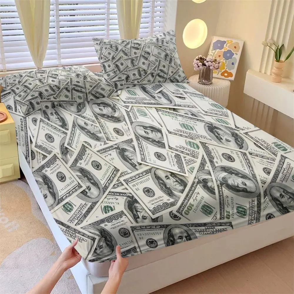 3Pcs Money Print Fitted Sheet Set, Luxury 100 Dollar Bill Pattern Bed Sheets Set, Soft Microfiber Bedding Set for Teen Boys Bedroom Decor, Full/Queen/King Size Sheet Set No Fillers