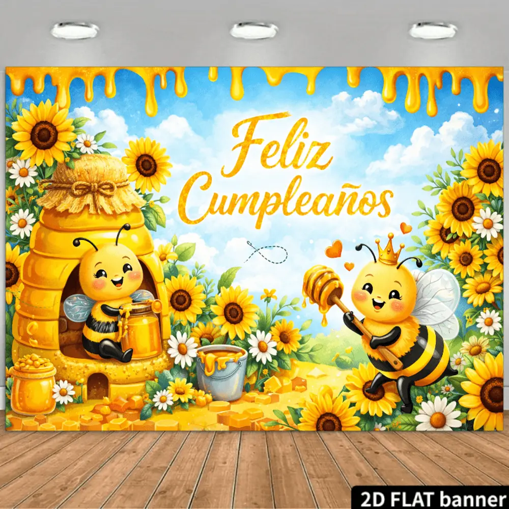 2D Flat Banner HD printed polyester photography backdrop, cute bee sunflower Feliz Cumpleaños birthday theme background cloth, soft lightweight foldable, for birthday parties, photo booths, portrait photography, video studio, live