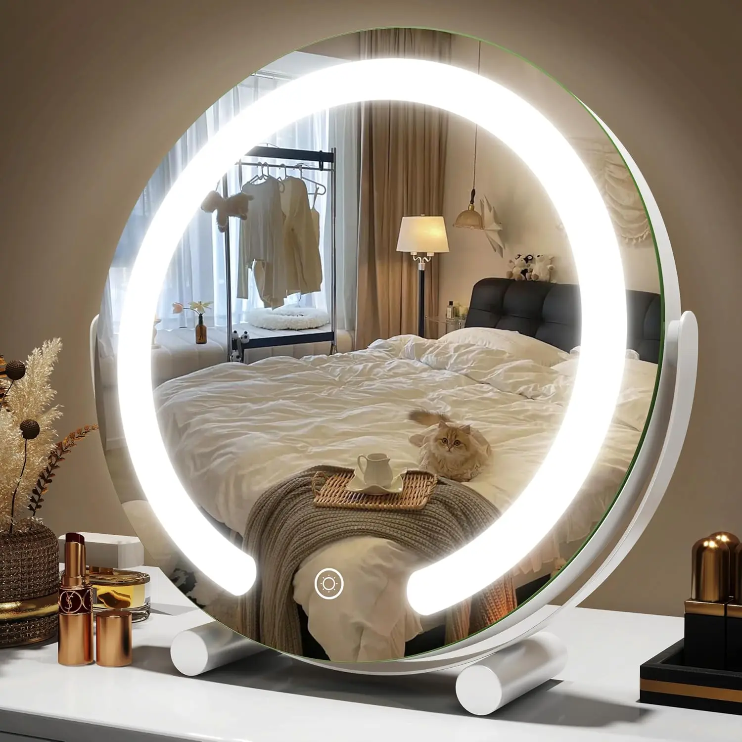 White 12-in Round Shaped Glass Countertop Bathroom Vanity Mirror with Lights, Smart Touch Control, 3-Colors Dimmable, 360° Rotatable, Adjustable, for Bedroom Use