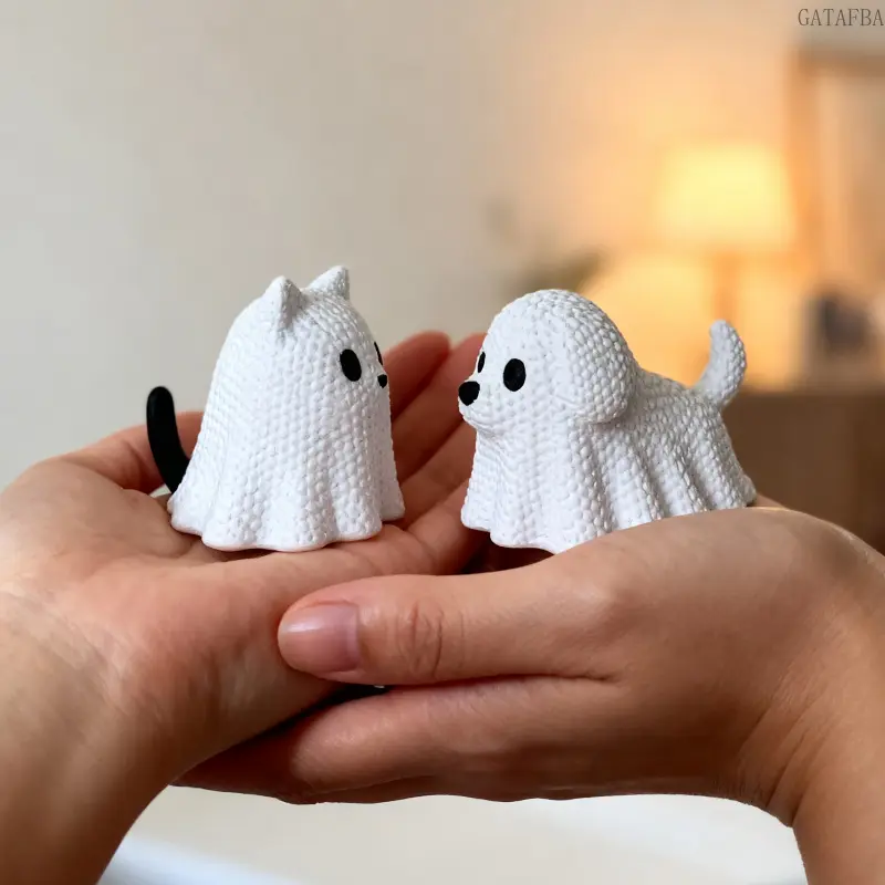 2Pcs Halloween Ghost Cat & Ghost Dog Figurines, Plastic Craft Ornaments, Spooky Tabletop Decor, Novelty Gift for Halloween Christmas Party Filler & Birthday Presents