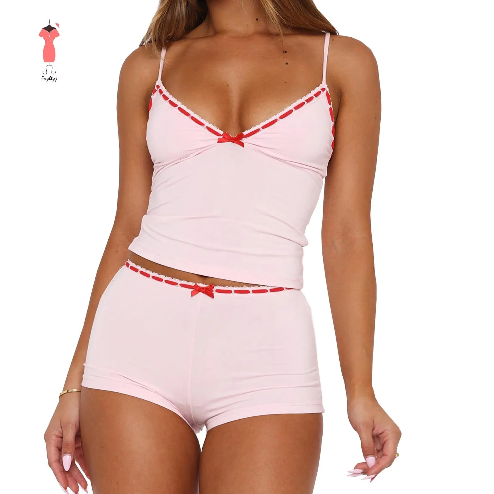 Women's 2-Piece Polyester Loungewear Set - V-Neck Sleeveless Camisole, Bow Decor Shorts, Machine Washable Pajamas Outfits