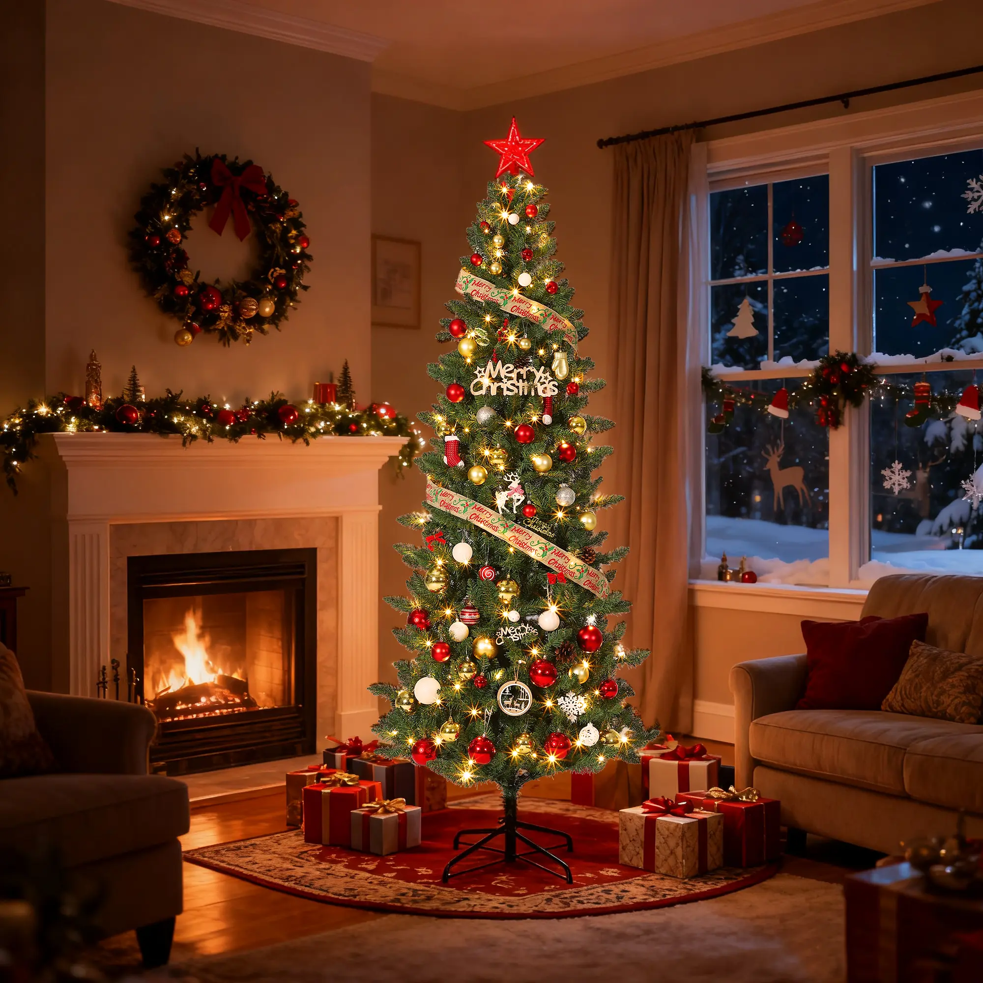 Artificial Christmas Tree with 1100 LED Lights & 8 Lighting Modes, PVC Needles, Collapsible Stand & Foot Pedal - Full Green Holiday Tree for Home Decor
