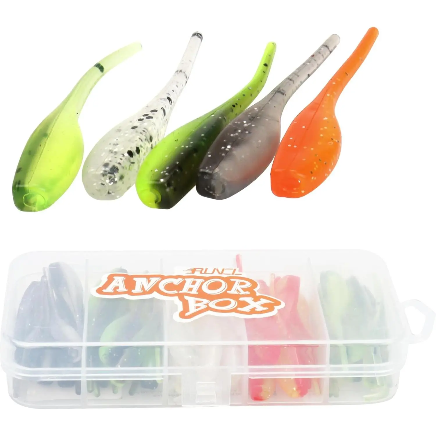 Anchor Box - Paddle Tail Swimbaits, Soft Jerk Baits, 20/40/50/60pcs Soft Fishing Lures, Curved Tail Grubs -  Lifelike Eyes, Split/Boot/Curved/Straight/Thin Tail - 1/2/3/4/5in, Proven Colors