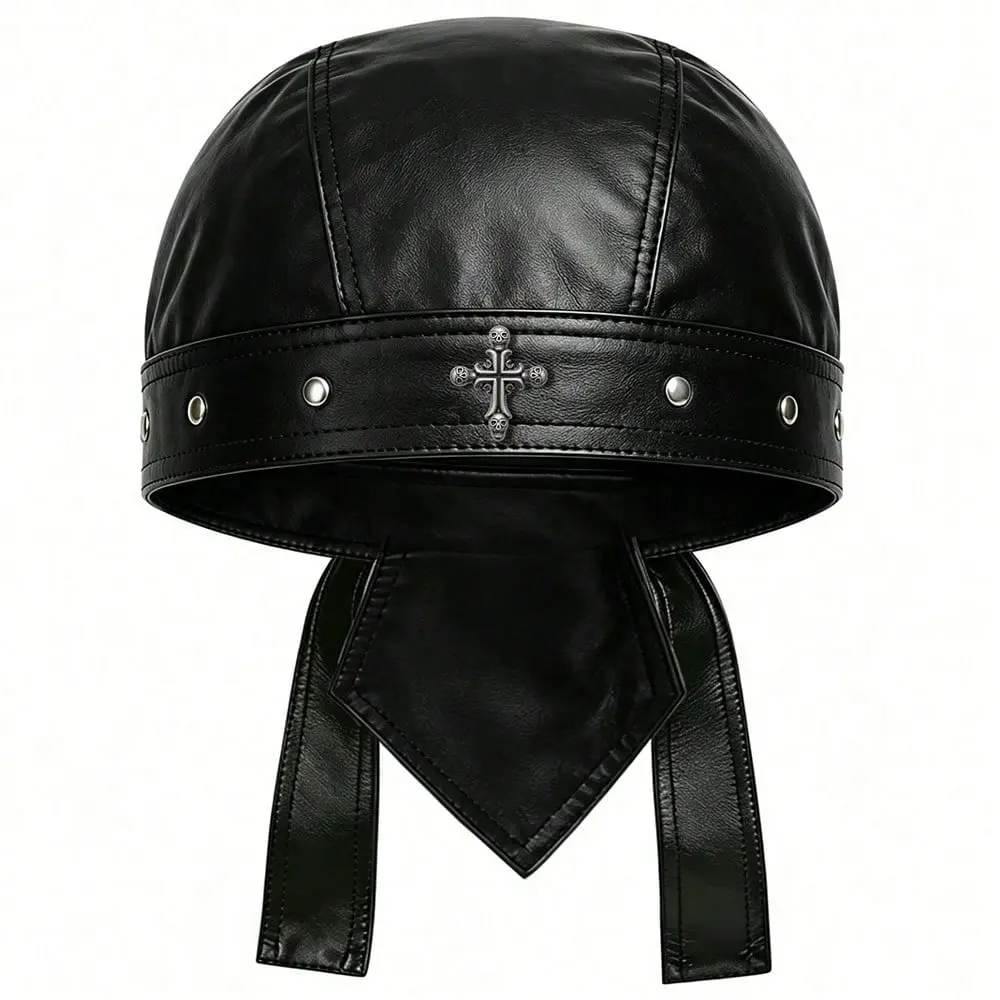 Men's Men's Cross Leather Skull Hat - Strappy Black Rider Skull Hat, Motorcycle Leather Hat, Suitable For Everyday Wear And Street Style For Unisex Me