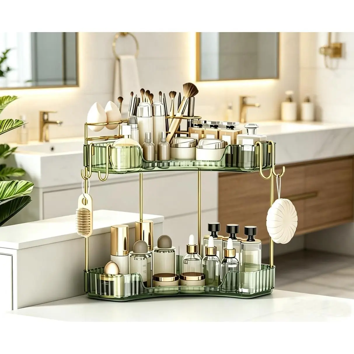 2-Tier Modern Waterproof Synthetic Corner Bathroom Counter Organizer with Built-in Brush Holder, Counter Storage for Skincare, Perfume Stand (Green)