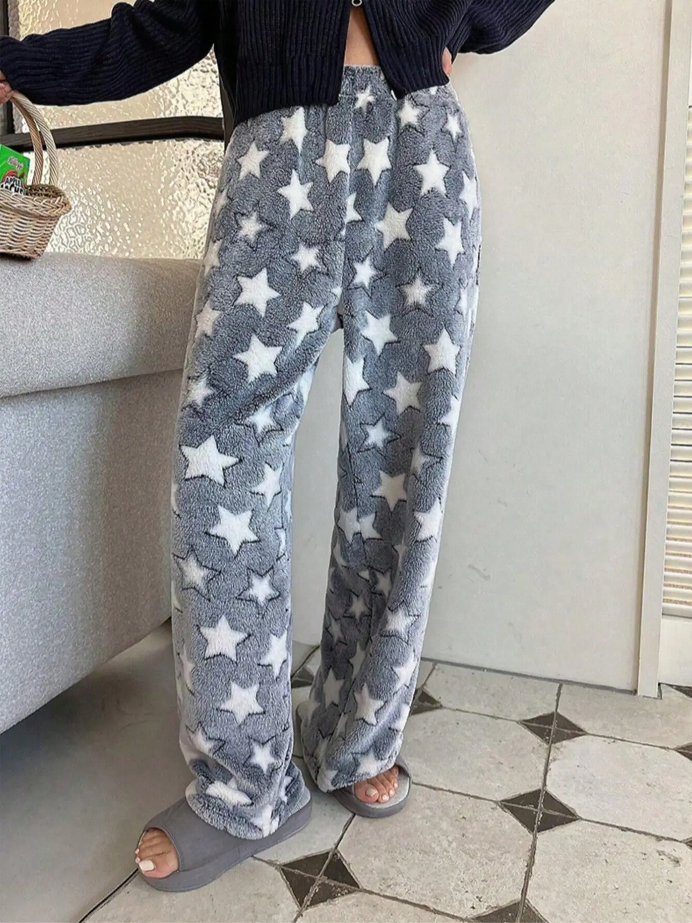Women's Star Fuzzy Pants Set, Cozy Home Wear, Fall Winter Plus Size Long Pants, Soft Plush Loungewear, Comfortable Casual Clothing