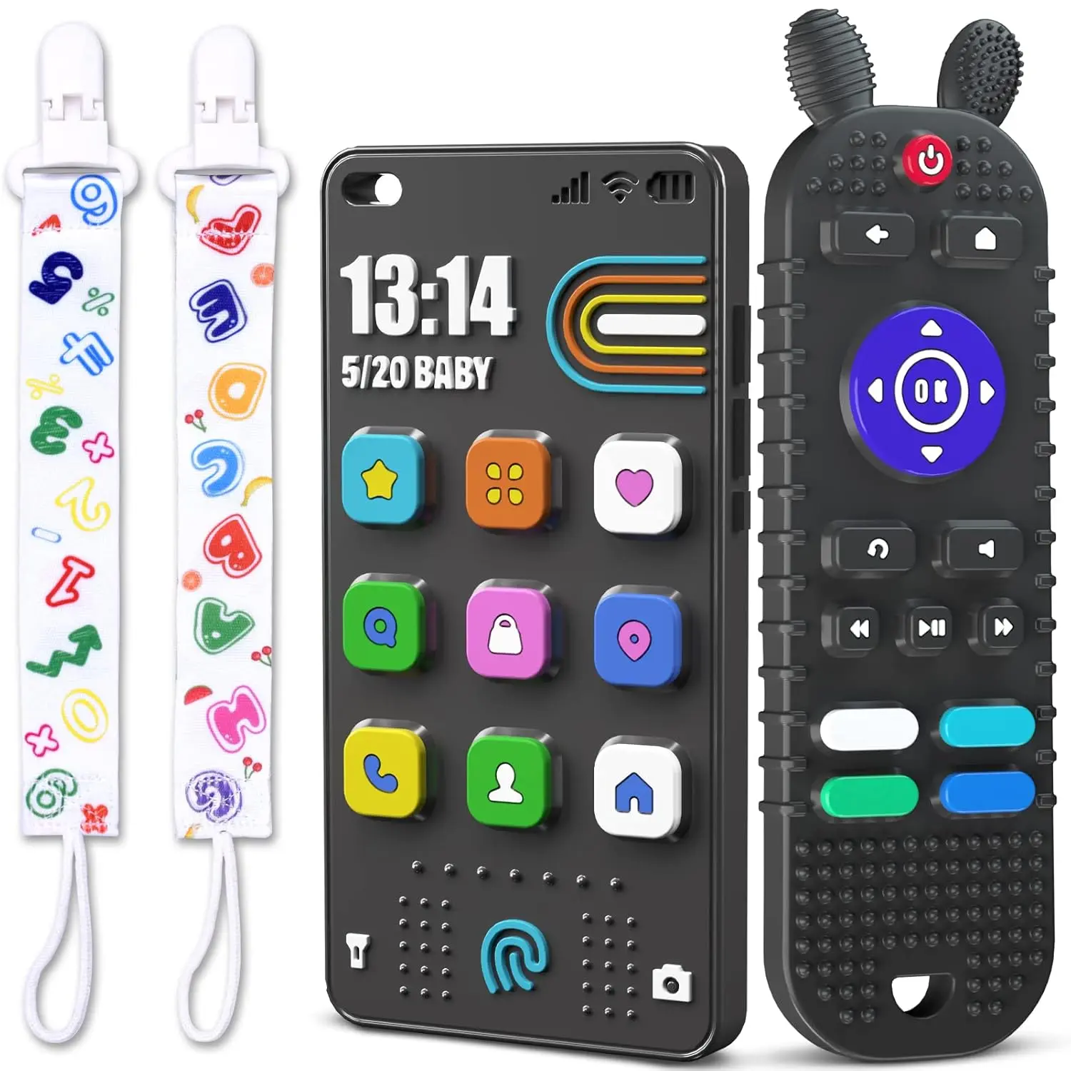 TV Remote Control Shape Baby Teething Toys and Phone Shape Teether Toys  Babies 6-12 Months, Soft Flexible Silicone Chew Toys  Baby - Black