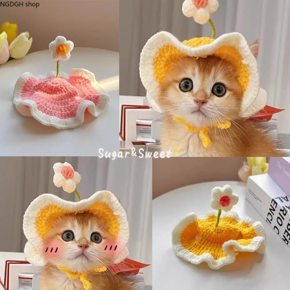 Pet Hat - Adjustable Cute Crochet Egg Flower Kawaii Pet Costume Accessory for Cats, Pastel Pink & Yellow, for Daily Wear & Party Use