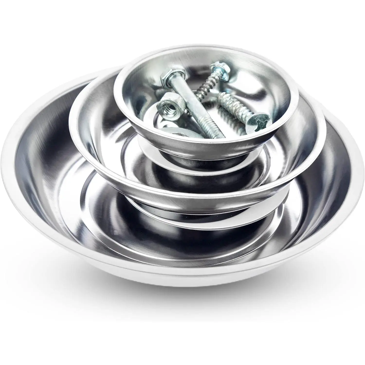 Tray 3- Set, Round Stainless Steel   Trays for Screws, Nuts, , Pins and Small Tools,  Bowls for Garage, Workshop and Automotive Repair