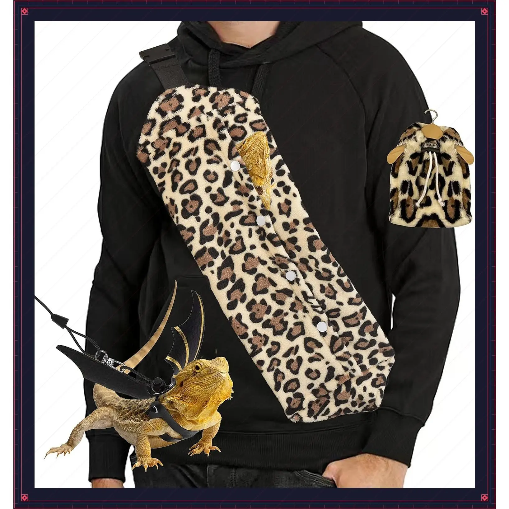 Bearded Dragon Leash and Harness Set, Adjustable Lizard Harness with Leather Wings, Sling Bag Carrier, Reptile Backpack Batwing Accessories, Leopard PatternGift
