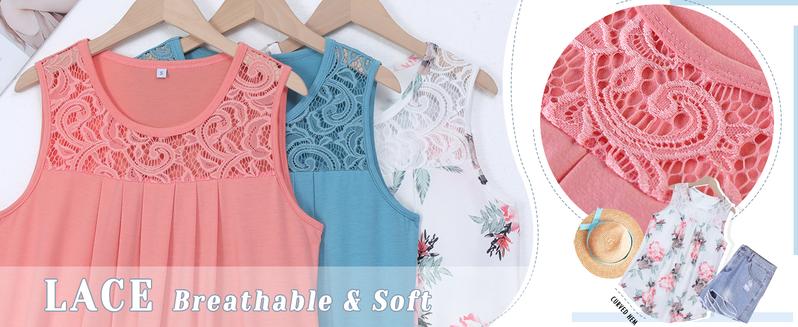 WIHOLL Summer Tank Tops for Women Loose Fit Pleated Tunics Scoop Neck Sleeveless Lace Tops Curved Hem Flowy