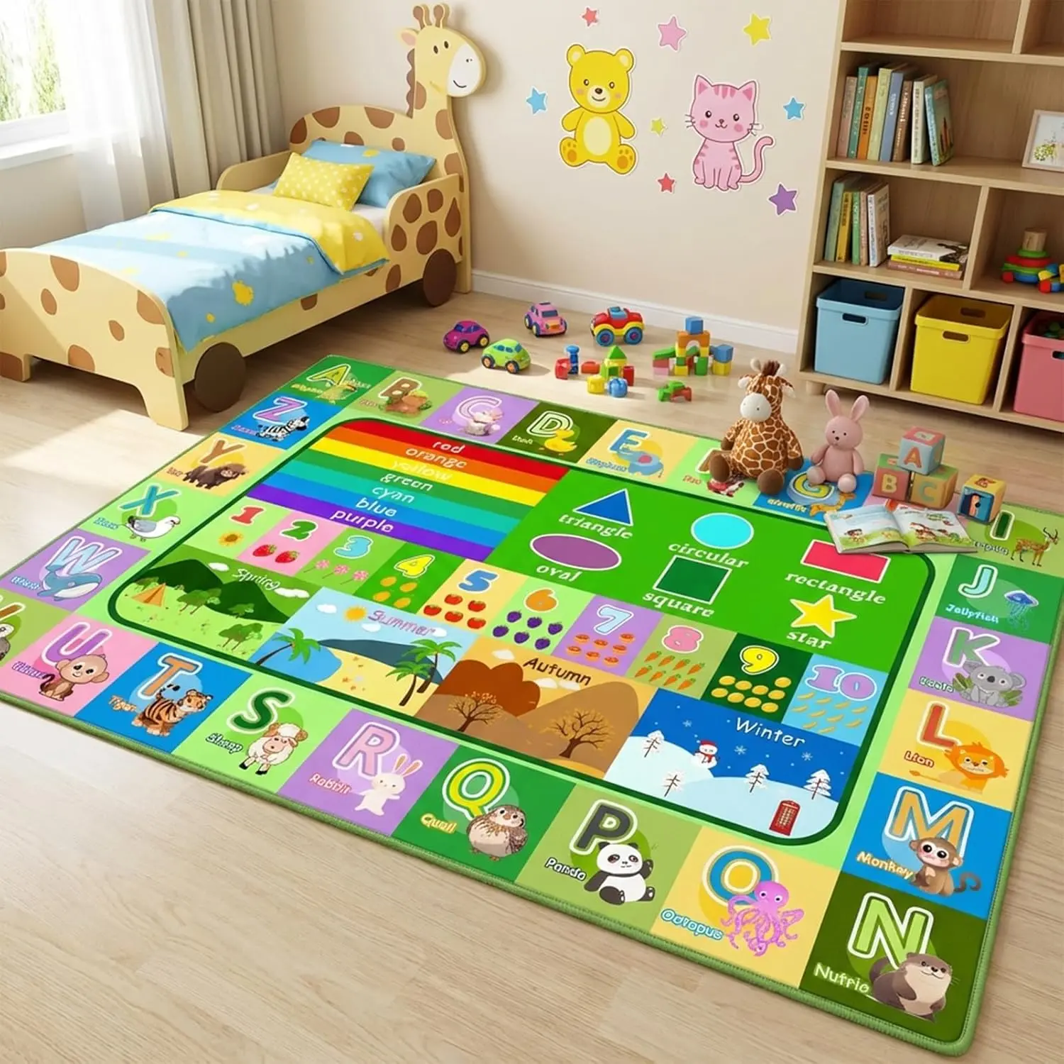 3x5ft Kids Educational Rug, Non-Slip Machine Washable ABC Alphabet Mat & Learning Carpet for Playroom Bedroom, Nursery Floor Play Mat with Numbers, Animals & Seasons, Preschool Classroom Rugs