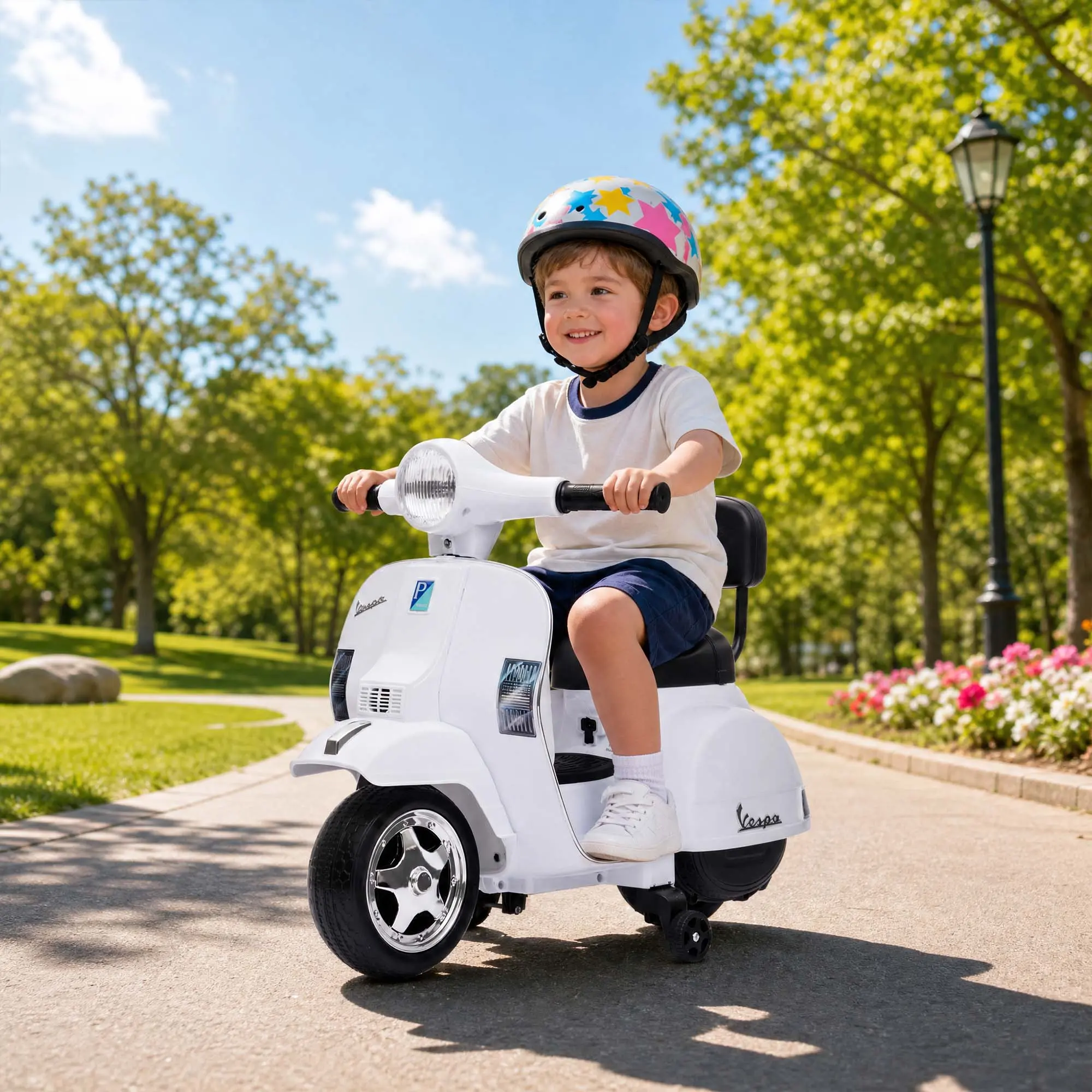 Summervibes Flash sale toy items Garvee Official Vespa 6V Kids Electric Ride-On Scooter – 4-Wheel Anti-Rollover Motorbike – Headlight, Backrest, Training Wheels – Durable PP Battery Car for Toddlers