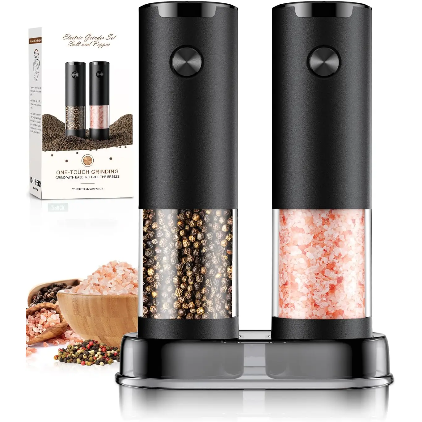 Electric Salt and Pepper Grinder Set - 1-Touch Automatic Mills with Adjustable Coarseness, LED Light, Battery-Operated Kitchen Seasoning Tool with Storage Base