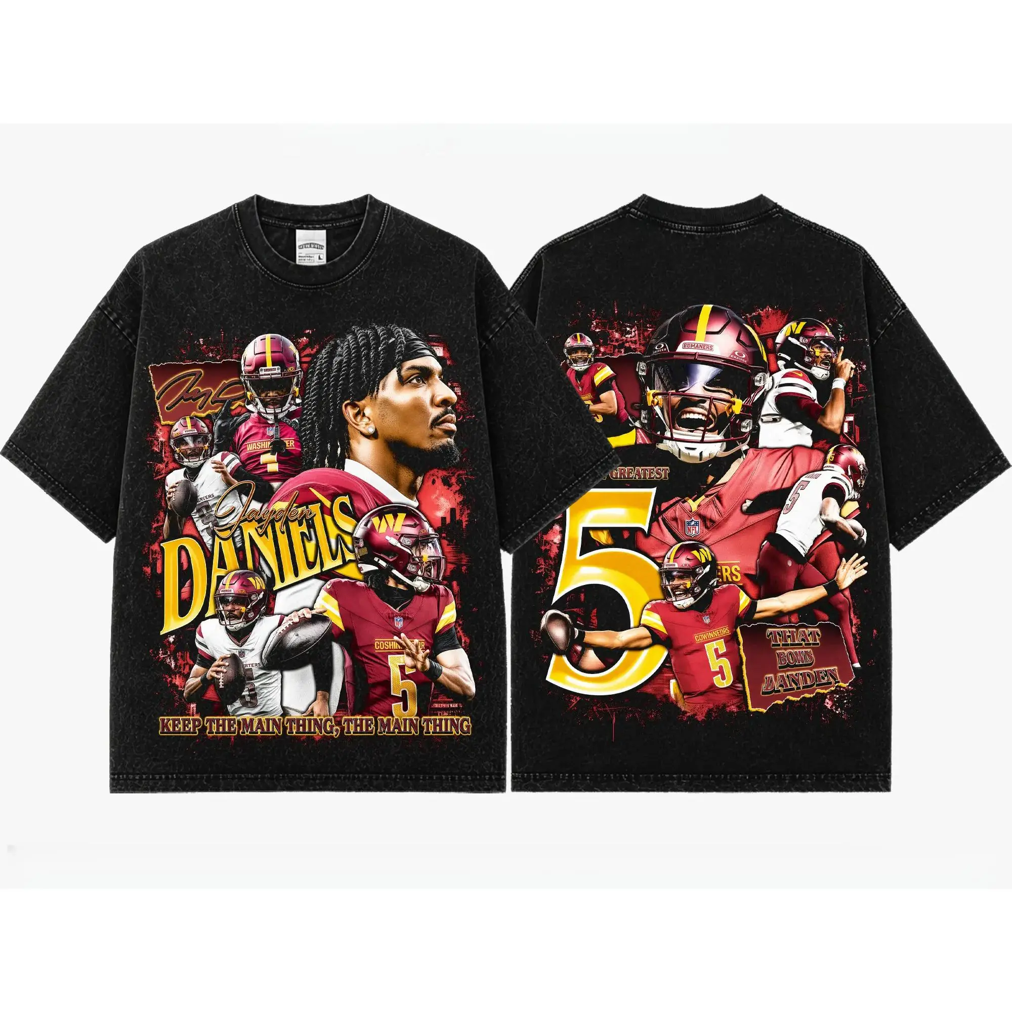 [Sale Up To 50%] Unisex Jayden Daniels # 5 Washed T-Shirt, Washington Football Vintage Graphic Tee, Double-Sided Quarterback Shirt, Retro Game Day Streetwear, Oversized Acid Wash Cotton Top, Football Fan Gift