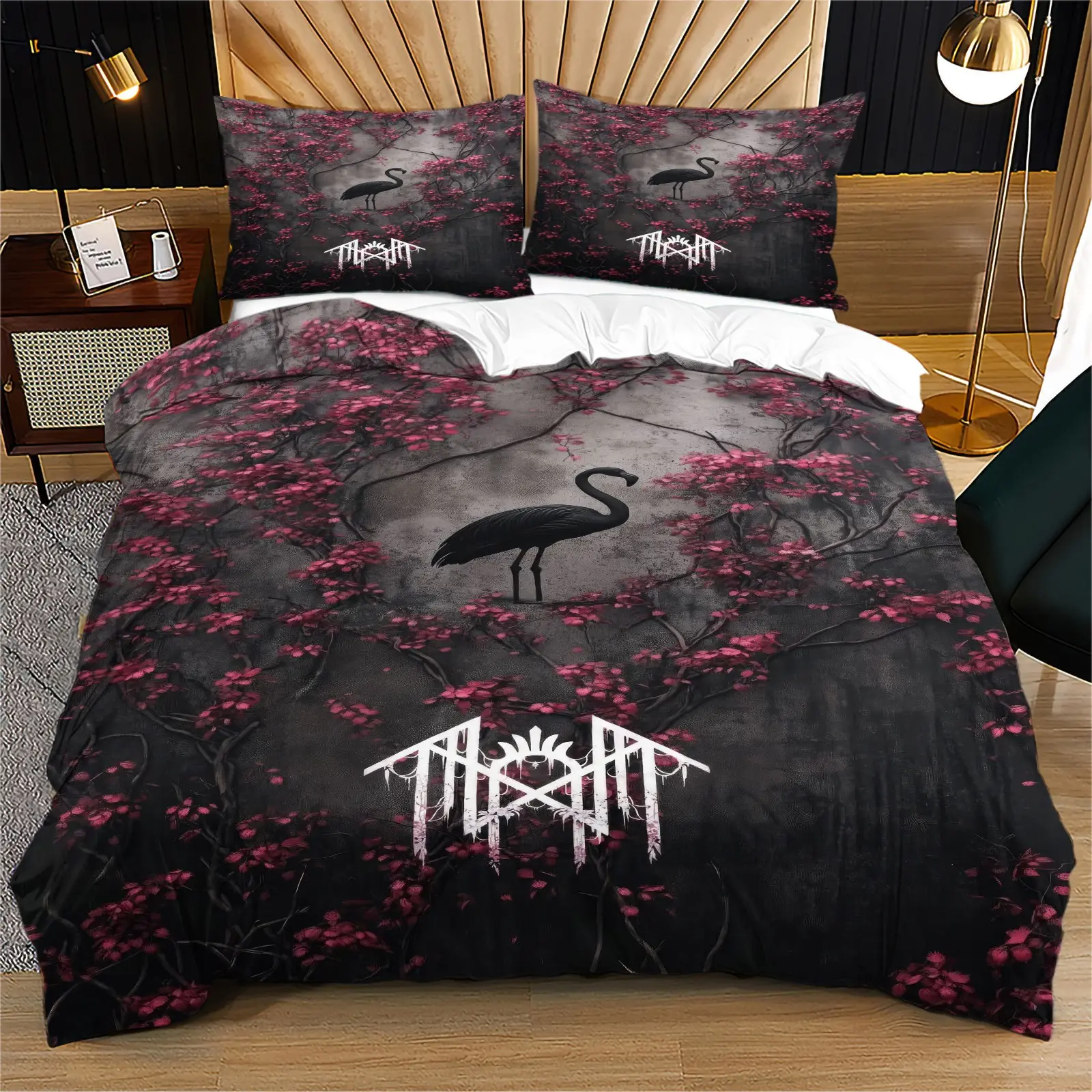 Black Flamingo Red Cherry Blossom Duvet Cover Set, Gothic Dark Bedding Set, Soft Microfiber, HD Digital Print, Hidden Zipper & Corner Ties, Machine Washable, Includes 1/2 Pillowcases - without Core Bedroom Decor