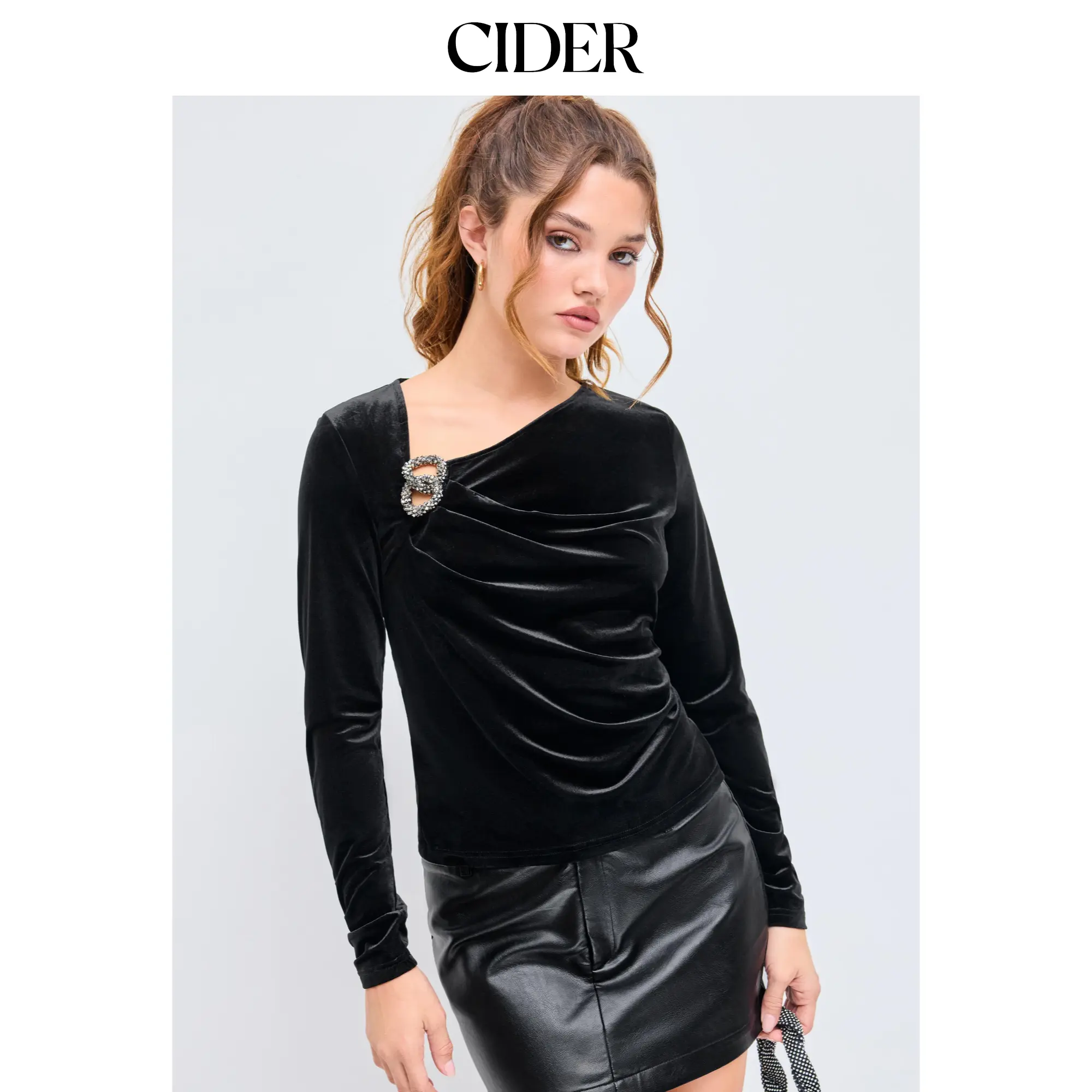 Cider [size 2-10] Velvet Asymmetrical Neck Buckle Long Sleeve Top SohoChic