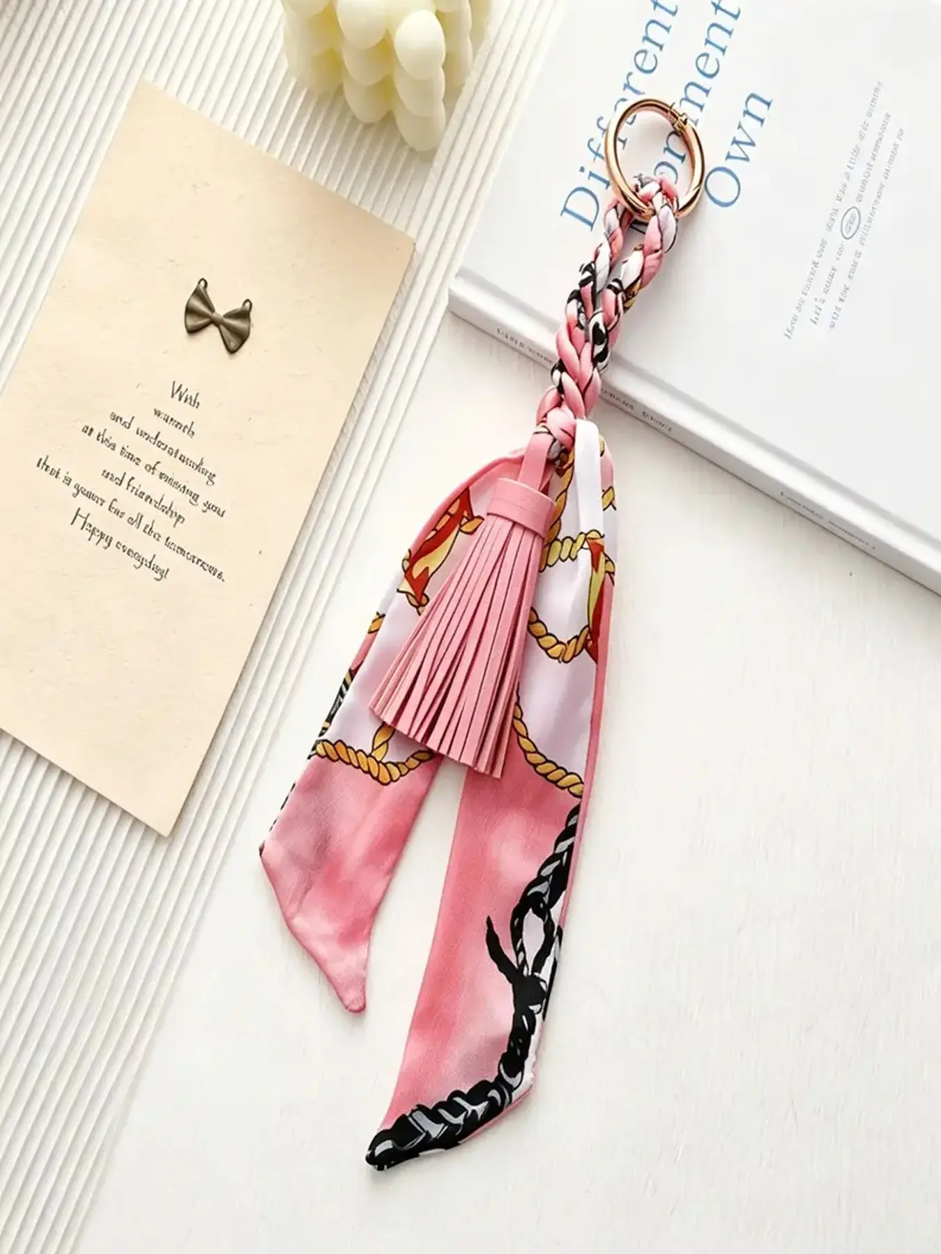 Light Luxury Bag Silk Scarf Tassel Key Pendant, Key Ring Matched With Braided Twisted Rope, Color Matching Suitable For Various Bags, Bag Hanging Accessories, Bag Decoration, Fashion Bag Charms, Trendy Bag Charms, Satin Ribbon Small Gift