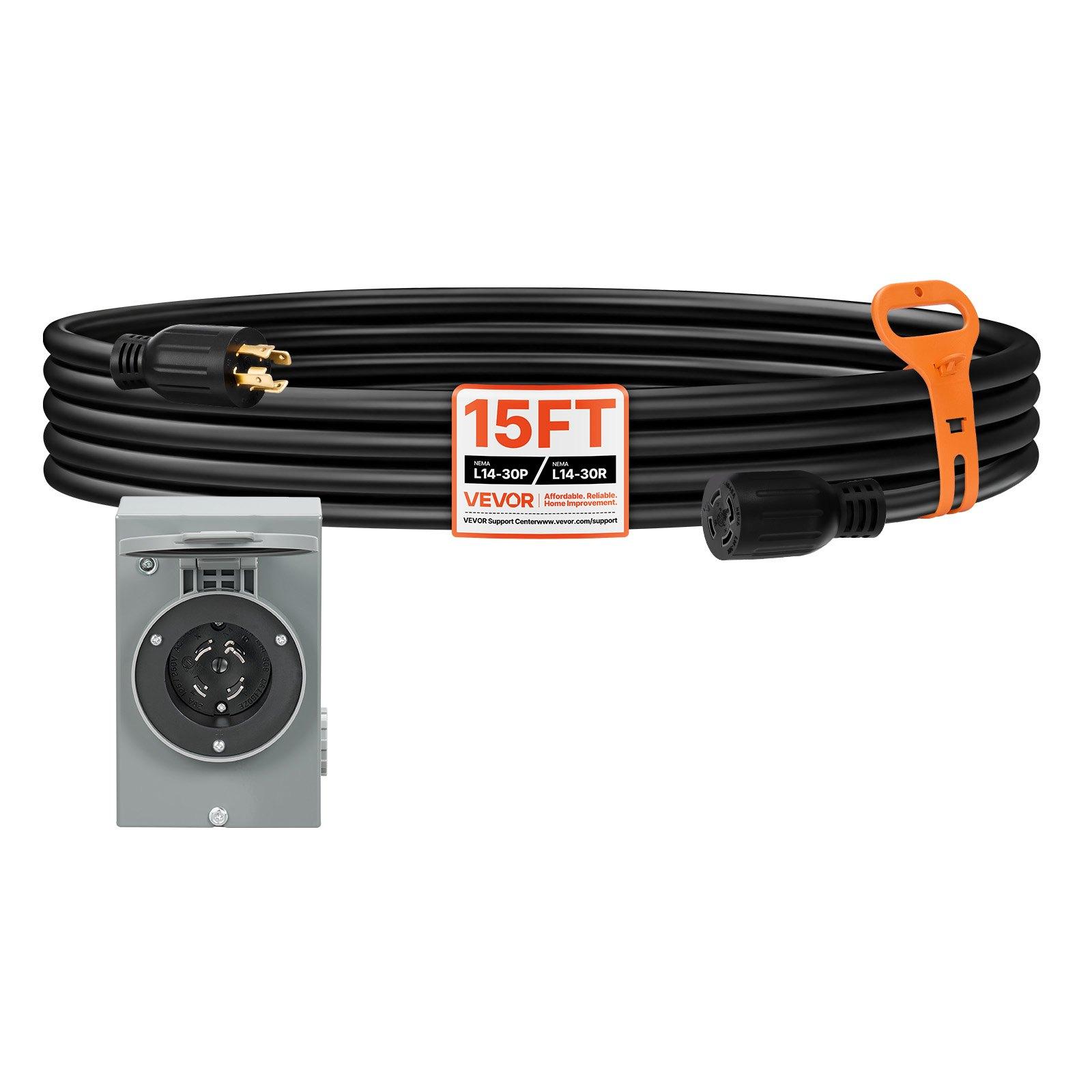 VEVOR 30 Amp Generator Cord and Power Inlet Box, 15 FT, 125/250V NEMA L14-30P to L14-30R Heavy Duty Extension Power Cord, SJTW 10 Gauge 7500W, Pre-Drilled Inlet Box, for Generator to House, ETL Listed