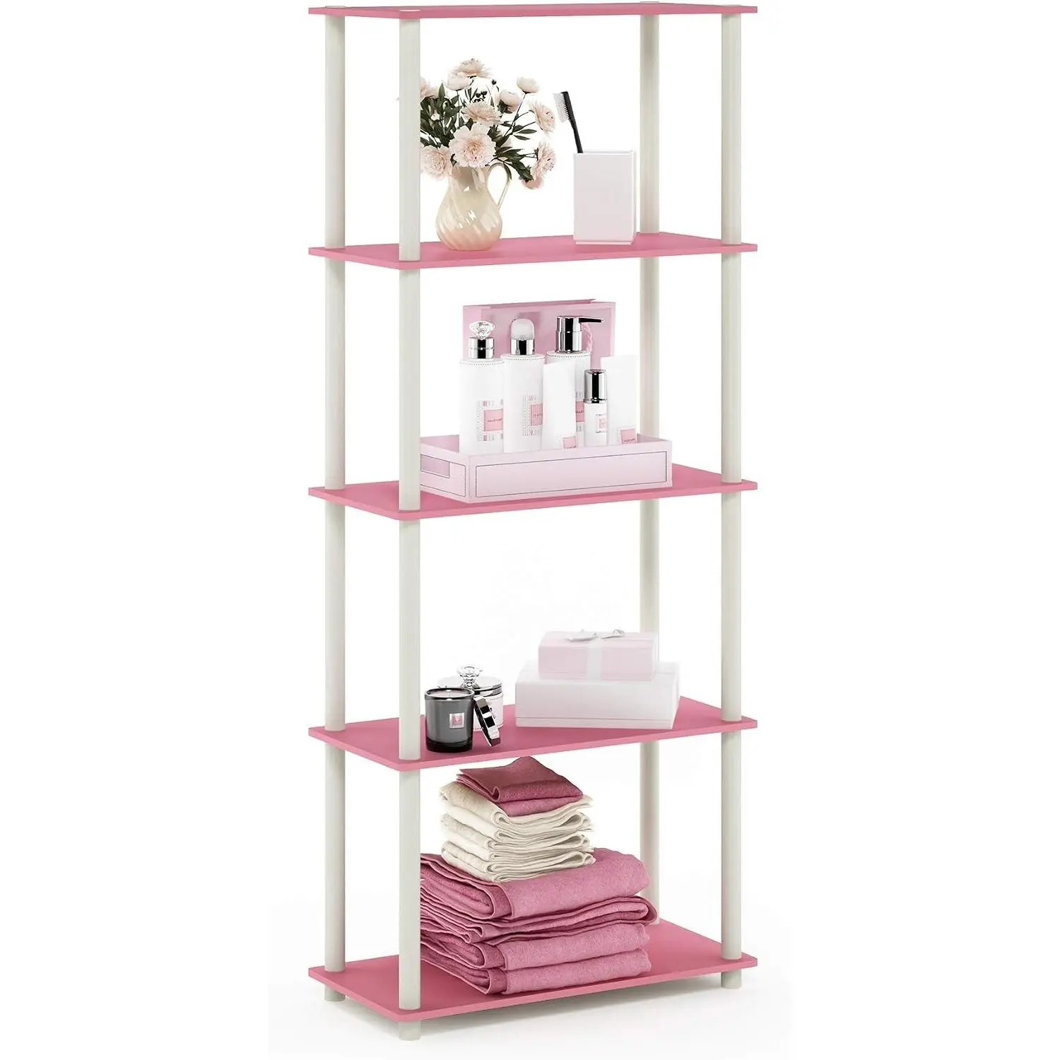 TURN-N-TUBE Storage Shelves, 5-Tier Book Shelf, Corner Shelf, Toolless Open Shelves, for Organization and Storage, Living Room, Garage, Home Office, Pink