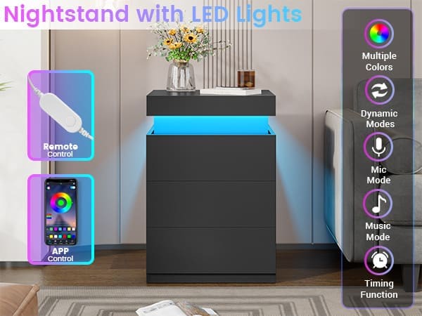 Sikaic 2PCS Nightstand with LED Lights Charging Station Black Modern Bedside Table