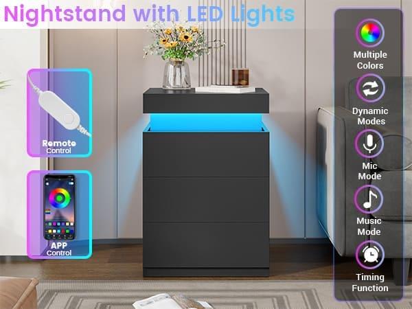 Sikaic 2PCS Nightstand with LED Lights Charging Station Black