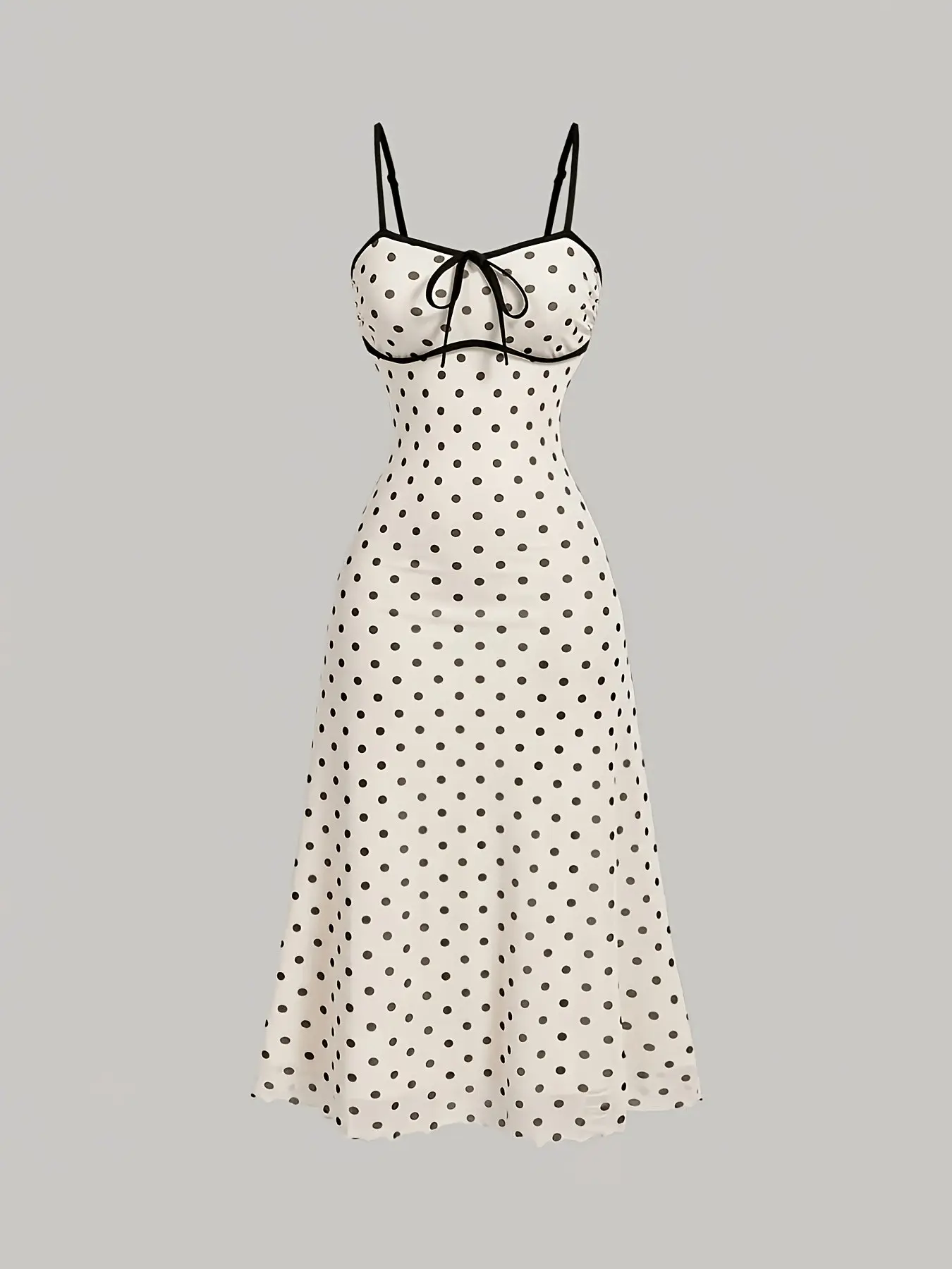 Elegant Summer Midi Dress, Solid Color with Polka Dots, Slim Fit, Thin Straps, Bow Detail, Perfect for Weddings, Graduations, Vacations