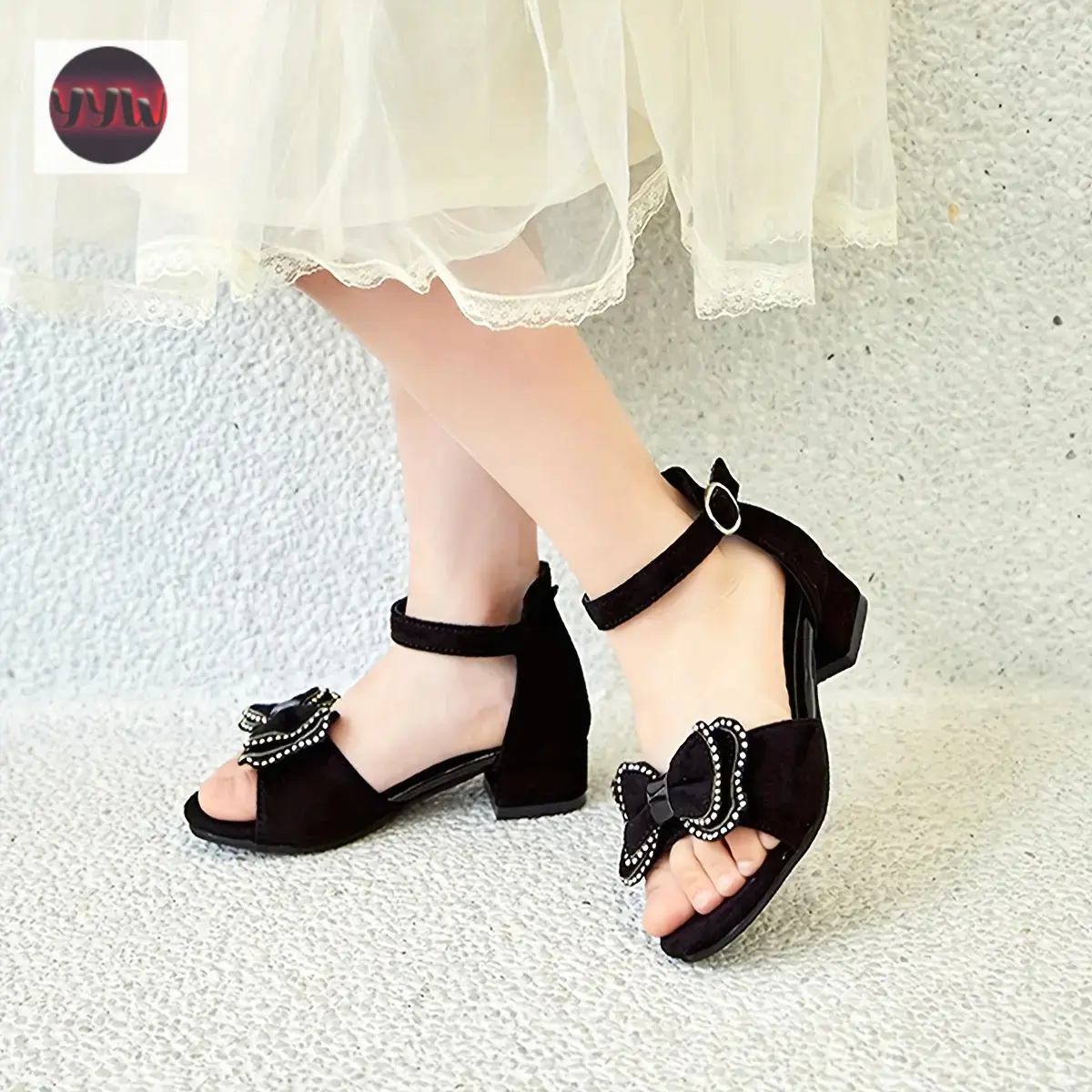 YYW1 Girls Fashion Heel Sandals, Pattern PU Upper, Hook and Loop, Rubber Sole, Low-Cut Princess Dance Shoes Teenagers, Occasion Shoes |           Decorative Bow Shoes |           Rubber-soled shoes, girls' shoes