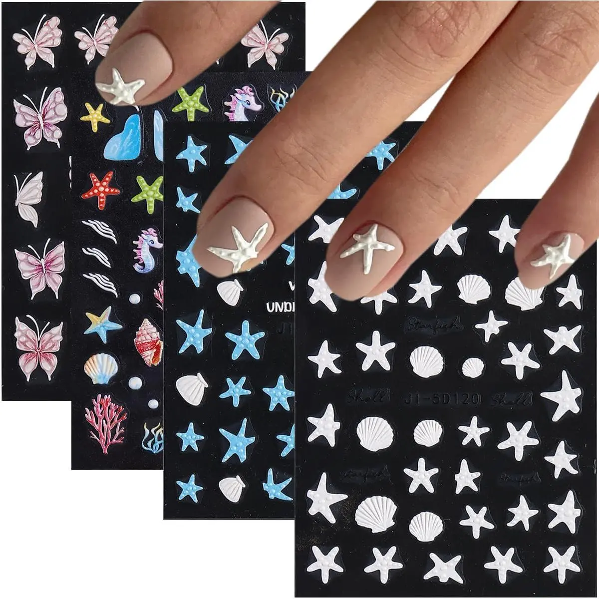 Summer Ocean Nail Stickers, Starfish Seashell Sea Horse Coral Nail Decals, 4 Sheets 5D Embossed Vacation Nail Art Stickers, Self-Adhesive Pegatinas Uñas, Beach Stickers Holiday Manicure
