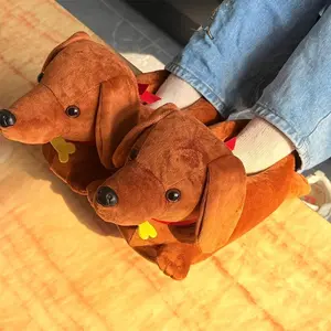 Winter New Dachshund Plush Slippers Cartoon Dachshund Non-Slip Plush Shoes Fun Animal Household Slippers Christmas Gift