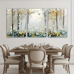 Three-piece set with frame - Gray Tree Yellow Flower Triptych Theme Canvas Wall Art, framed paintings on clearance sale, 2D flat design, suitable for Halloween, Christmas, winter and summer, luxurious interior decoration (unisex), bedroom, living room, ba