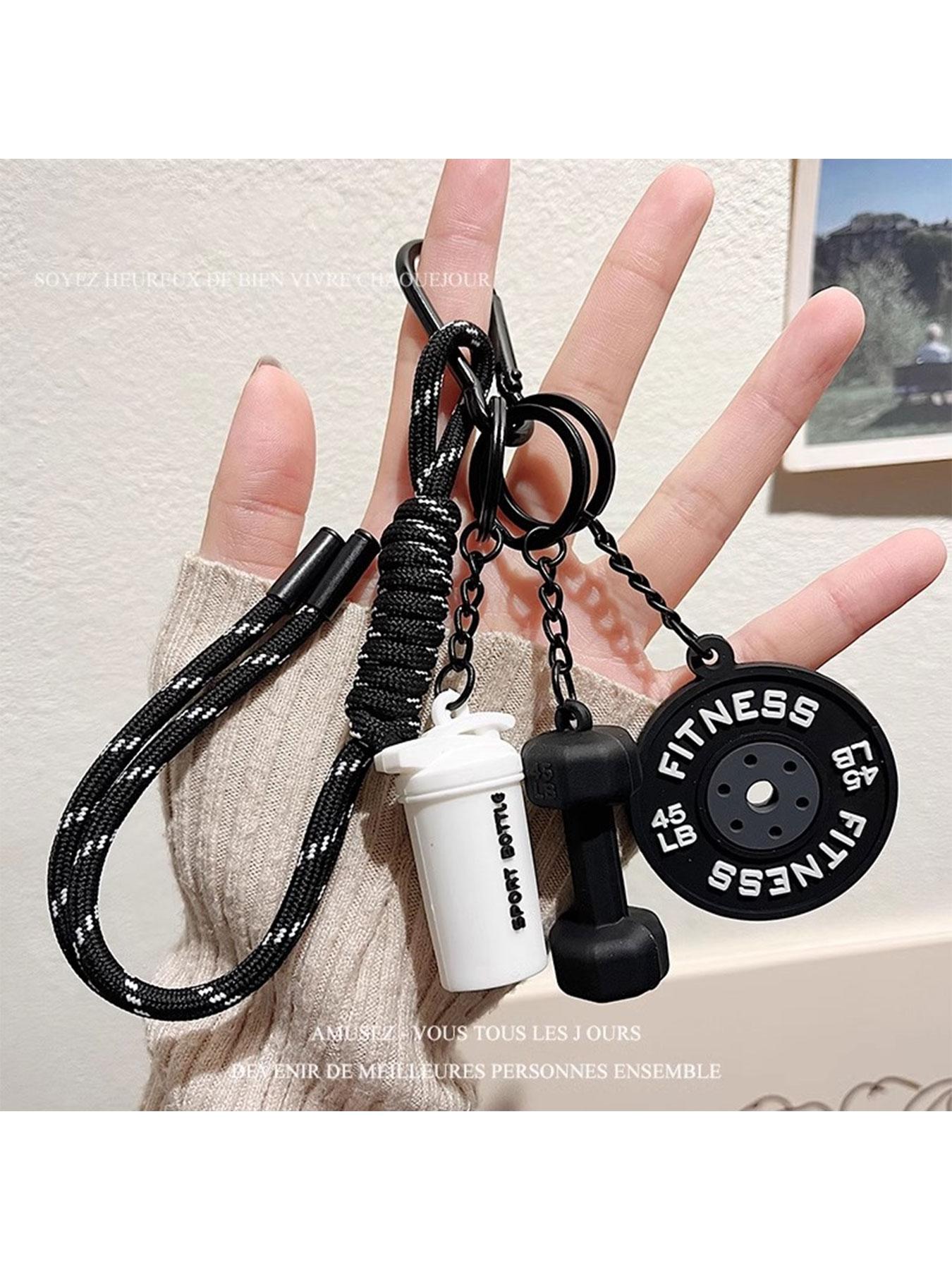 Sports Fitness Keychain Lanyard Keyring Barbell & Dumbbell Pendant Keychain With Woven Black White Rope, Keychain for bags, Keychain Accessories Sports Fitness Keychain Lanyard Keyring Barbell & Dumbbell Pendant Keychain With Woven Black White Rope, Keychain for bags, Keychain Accessories