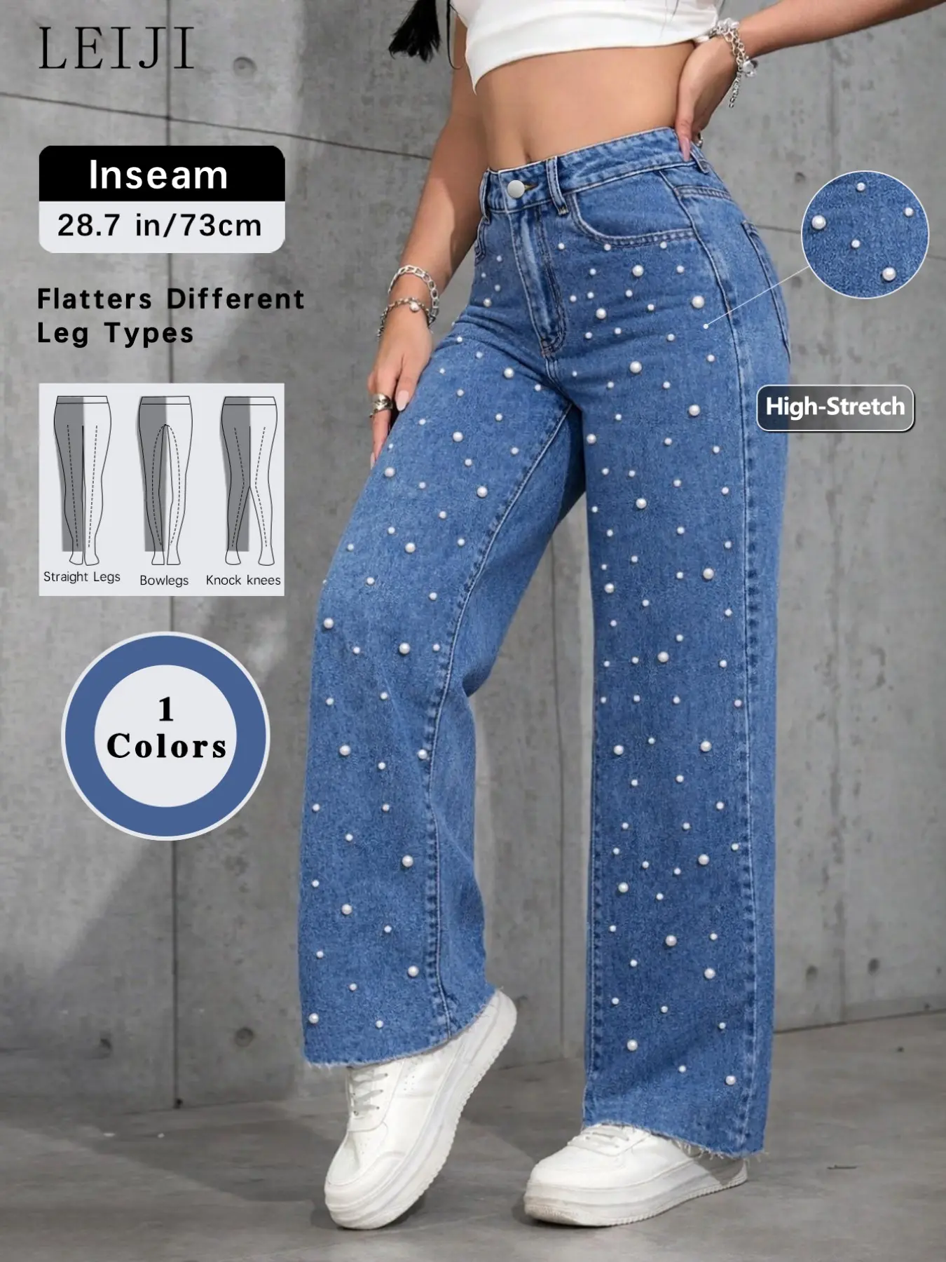 Unique Design Versatile Jeans, Light Blue High-Waist Pearl Beaded Stretch Loose Straight Leg Denim Jeans, Frayed Hem Leg Shaping Bottoms