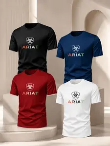 Men's 4-Piece Set, Solid Color Short Sleeve T-Shirts, Breathable Cotton Feel, Simple Logo Print, Summer Basics, Casual Half Sleeves, Gym Commute