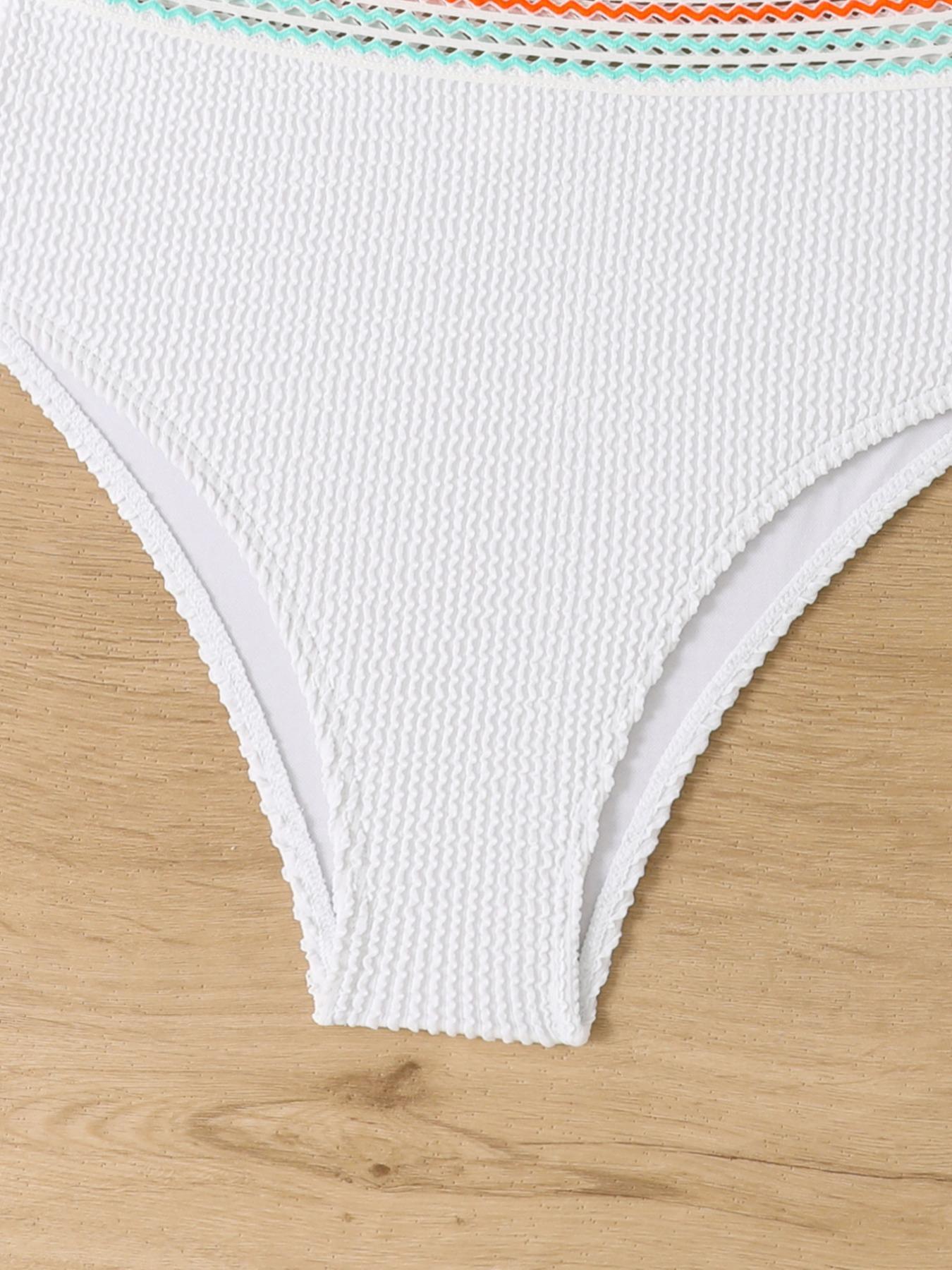 Two-Piece Set Women's Striped Tape Textured Hollow Out Bikinis, Casual Sleeveless V Neck High Waist Swimwear, Lady Bathing Suits Set, Women's Swimsuit, Bikinis Sets, Swimsuit Style Bikini