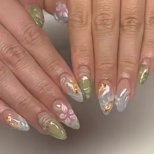 24pcs Medium Long Almond Clear Nude Gradient Press-On Nails, Hand-Painted Koi & 3D Lotus Chinese Style False Nail Tips, Elegant Removable Nails for Daily & Casual Wear, Comes with Jelly Glue & Nail File