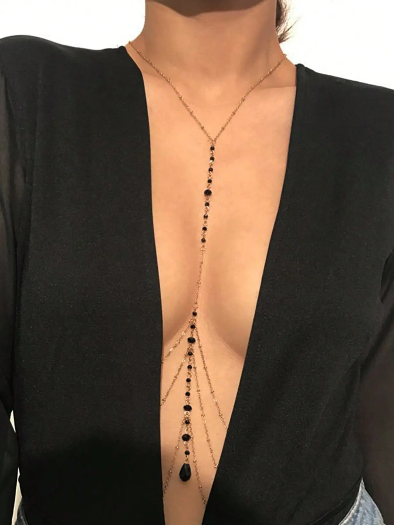 Teardrop Crystal Tassel Body Chain, Y-Shaped Bikini Jewelry, Rhinestone Bead Chest Chain, Adjustable Deep V Necklace, Gift for Women