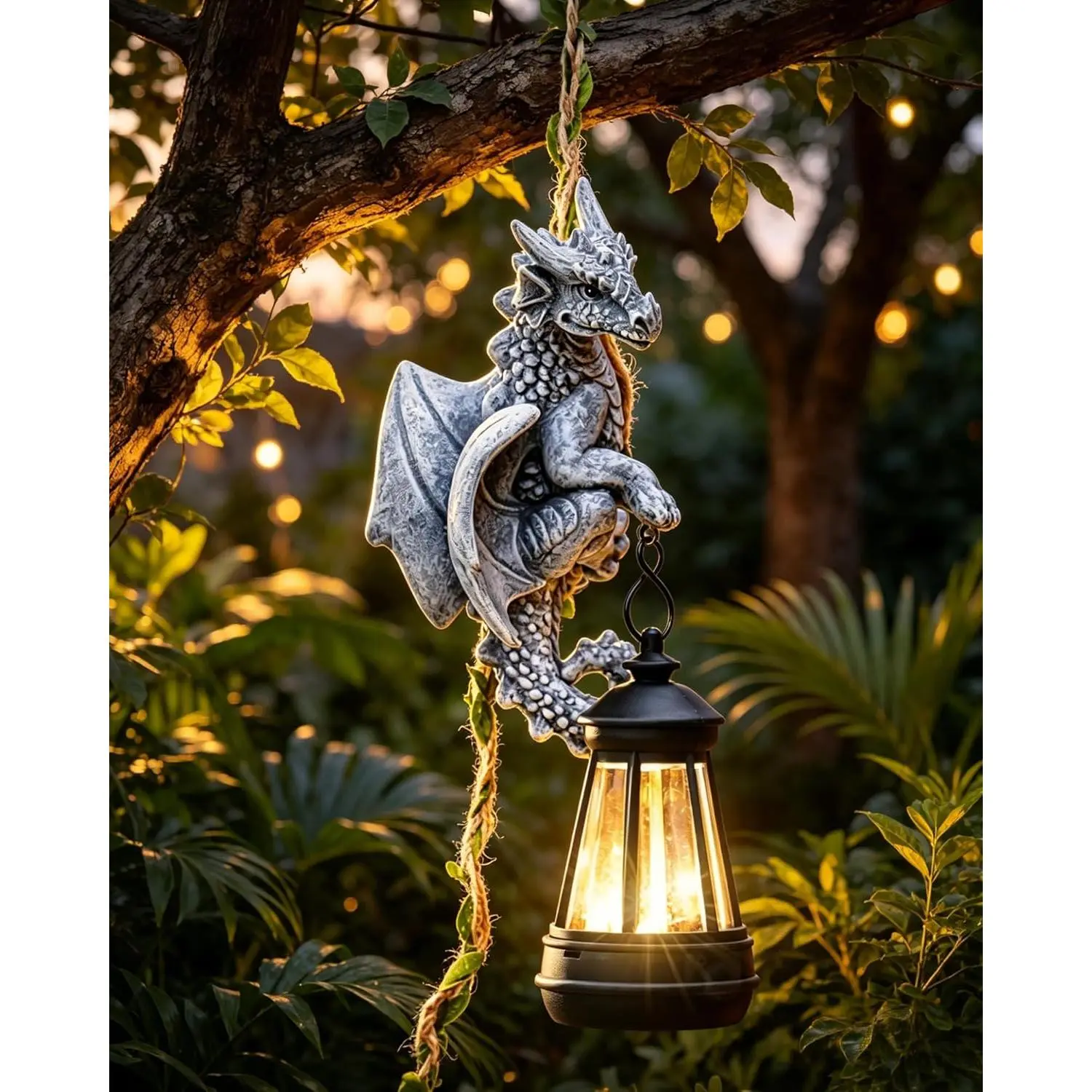 Dragon Outdoor Statues for Garden: 23.6" Gothic Mythical Guardian Sculpture for with Long Vine and Solar Lantern Enchanted Patio Porch Tree Yard Decor - Whimsical  for Mom