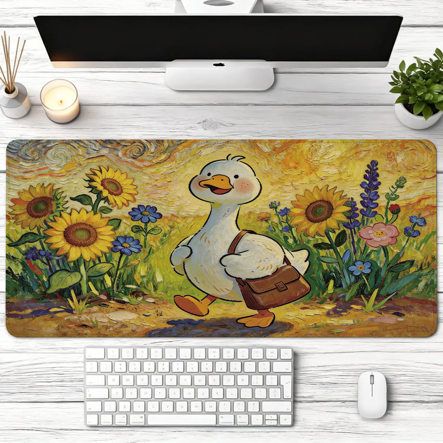 Van Gogh Sunflower Impressionist Duck Painting Mouse Pad - Extra Large, Multi-Size, Non-Slip Rubber Base, Stitched Edges, Washable, Precise Control, 3D Banana Design, for Gaming, Computer Desk, All Ages Family Use, Gamers
