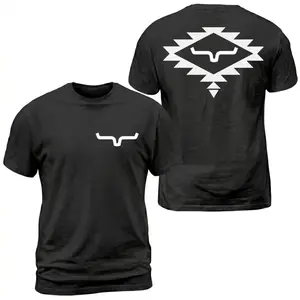 Unisex Cotton T-Shirt Kimes Ranch Aztec Horn Logo T-Shirt, Western Tribal Graphic Tee, White Geometric Back Print With Front Chest Horn Emblem, Ranch Casual Outfit, Soft Cotton Tee Gift For Men and Women