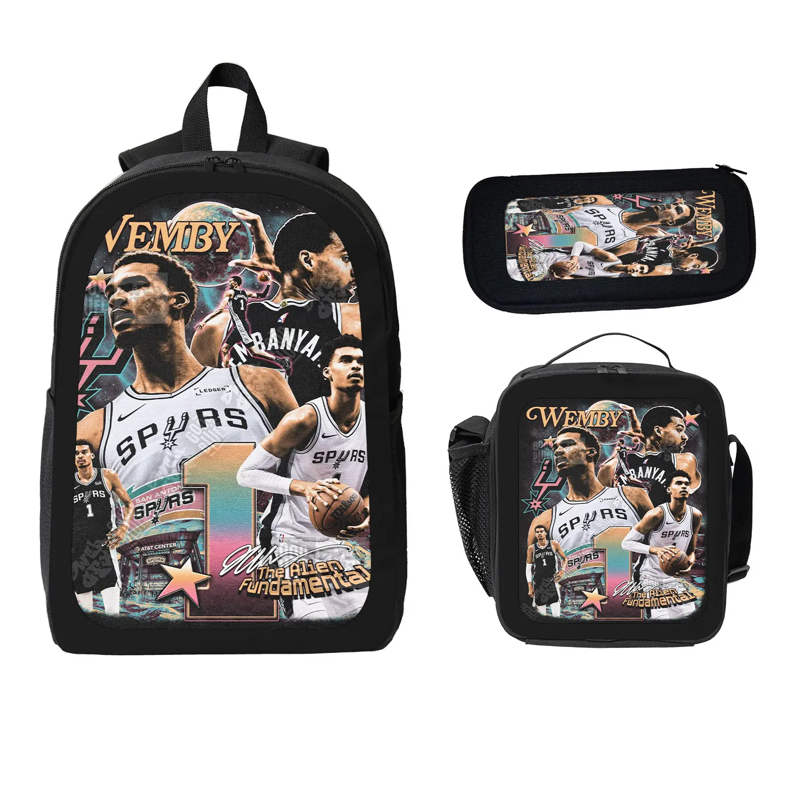 Wembanyama Unisex 3-Pcs Backpack Set, Large Capacity Water Resistant Backpacks for School with Insulated Lunch Bag & Pencil Case, Travel Sports Daypack for Elementary-Middle School Kids