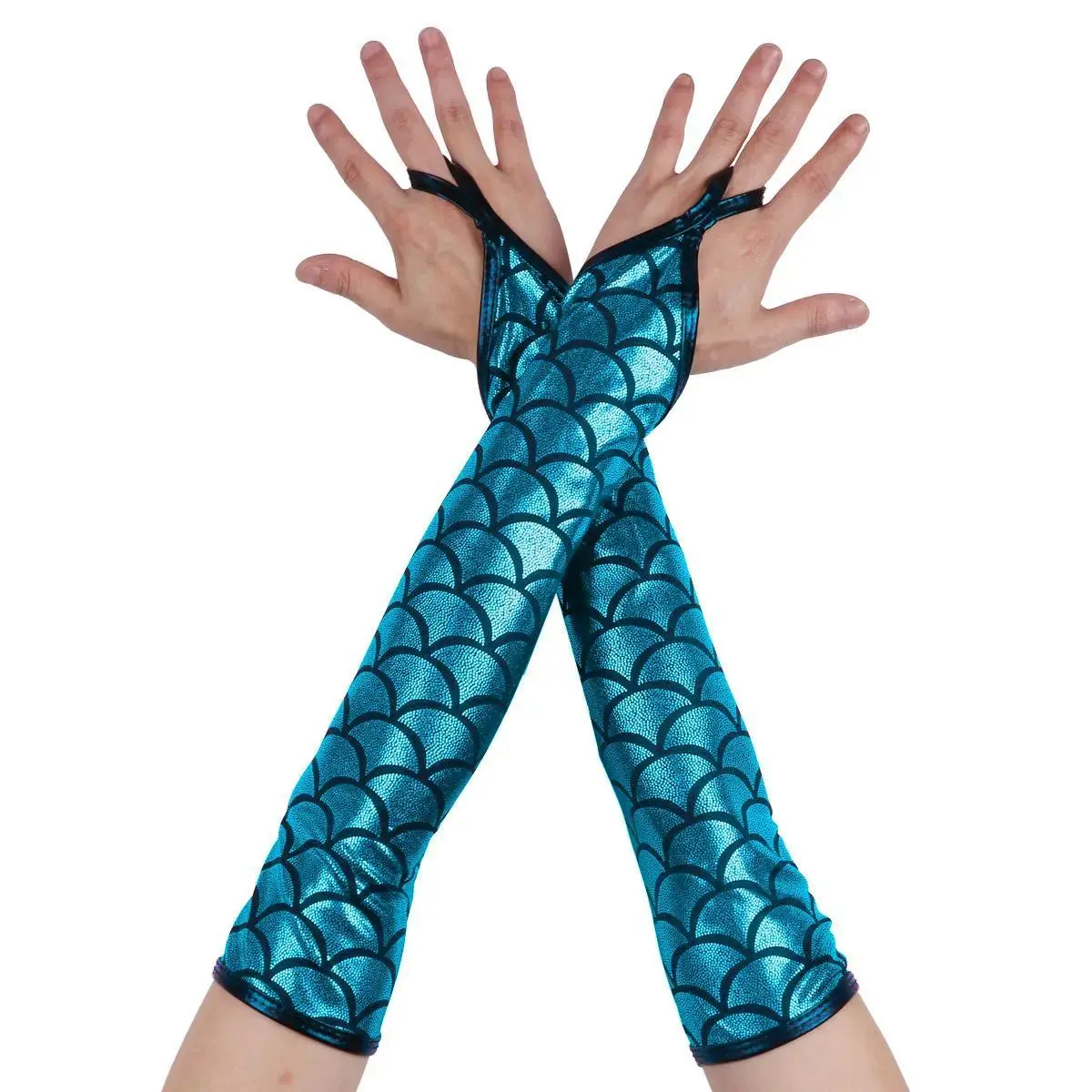 Women Mermaid Fish Scale Pattern Printed Long Hook Finger Gloves Fingerless Arm Sleeves Adult Halloween Cosplay Costume Accessor